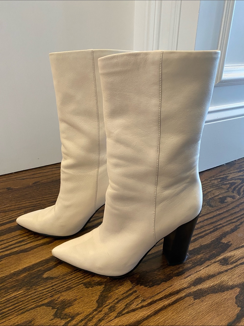 Dolce Vita Cream Pointed-Toe Mid-Calf Block Heel Boots